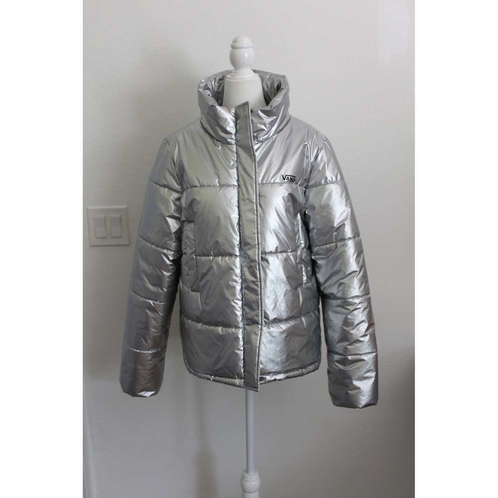Vans Womens Metallic Silver Puffer Jacket Sustans DuPont Sorona Insulated Medium